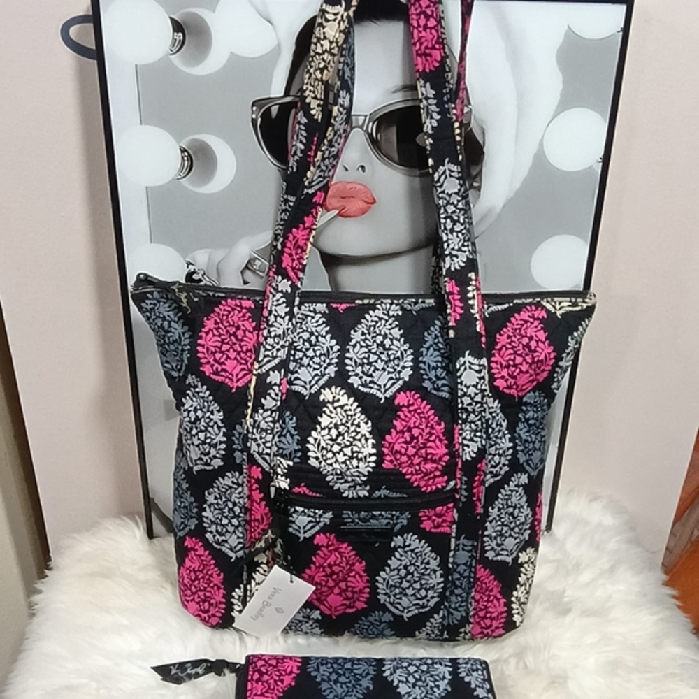Vera Bradley Black and Pink Leaf Pattern Tote